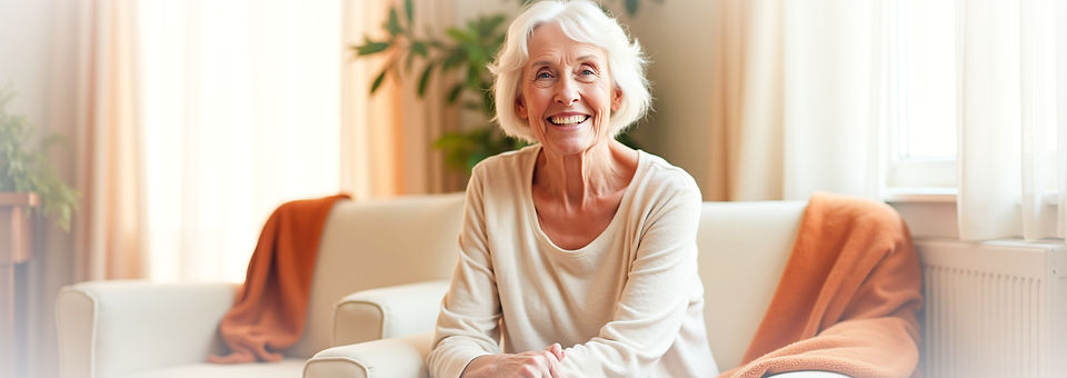 Smiling senior woman sitting on a couch.