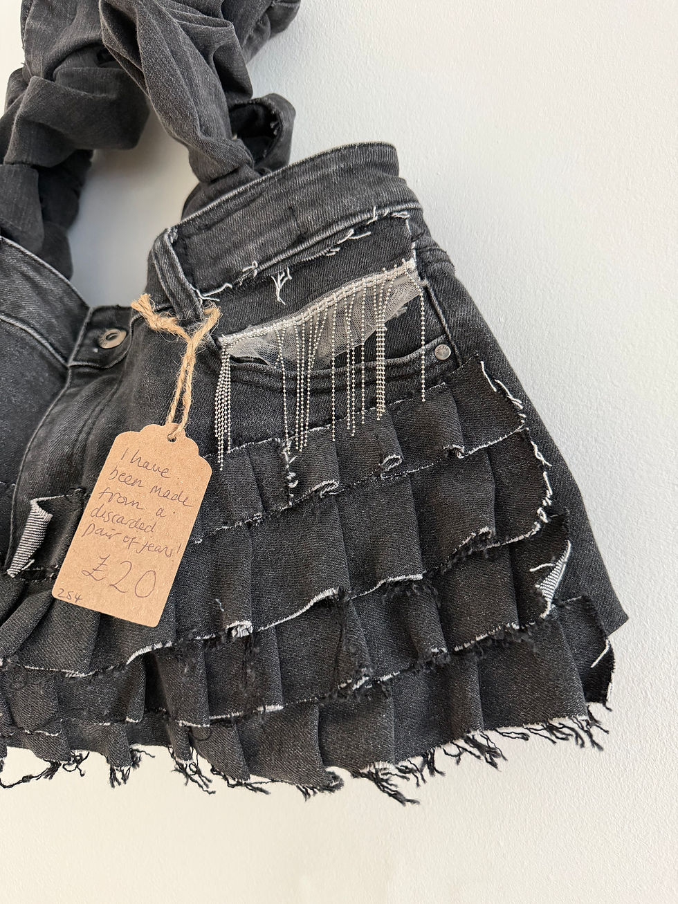 Thumbnail: Reworked denim ruffle shoulder bag