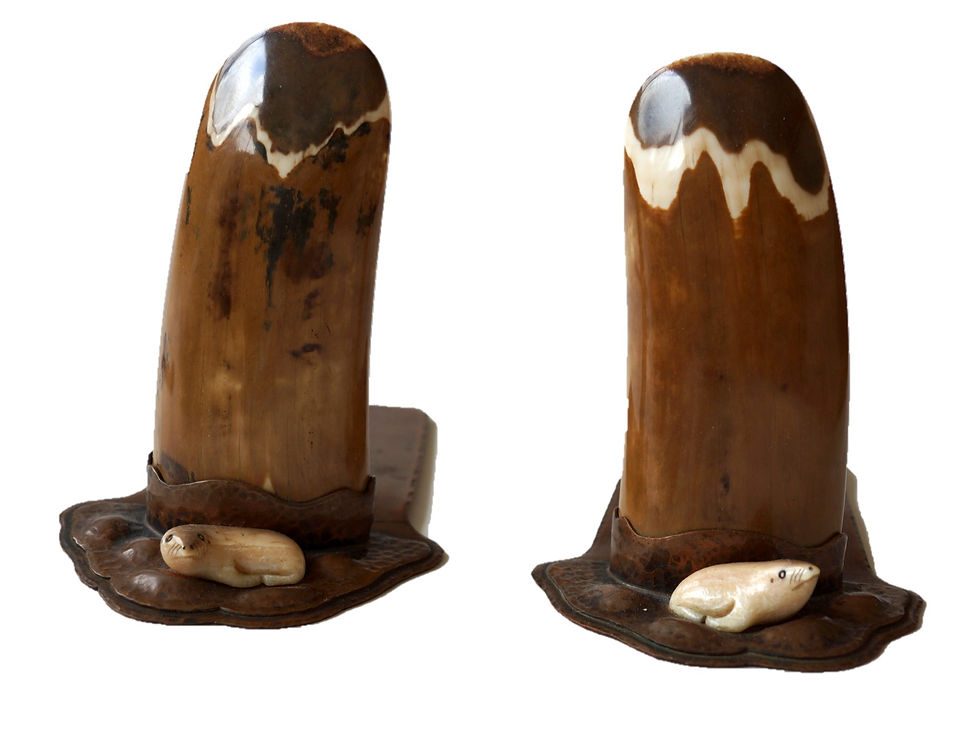 Albert Berry Copper Bookends Fossilized Ivory Carved Seals