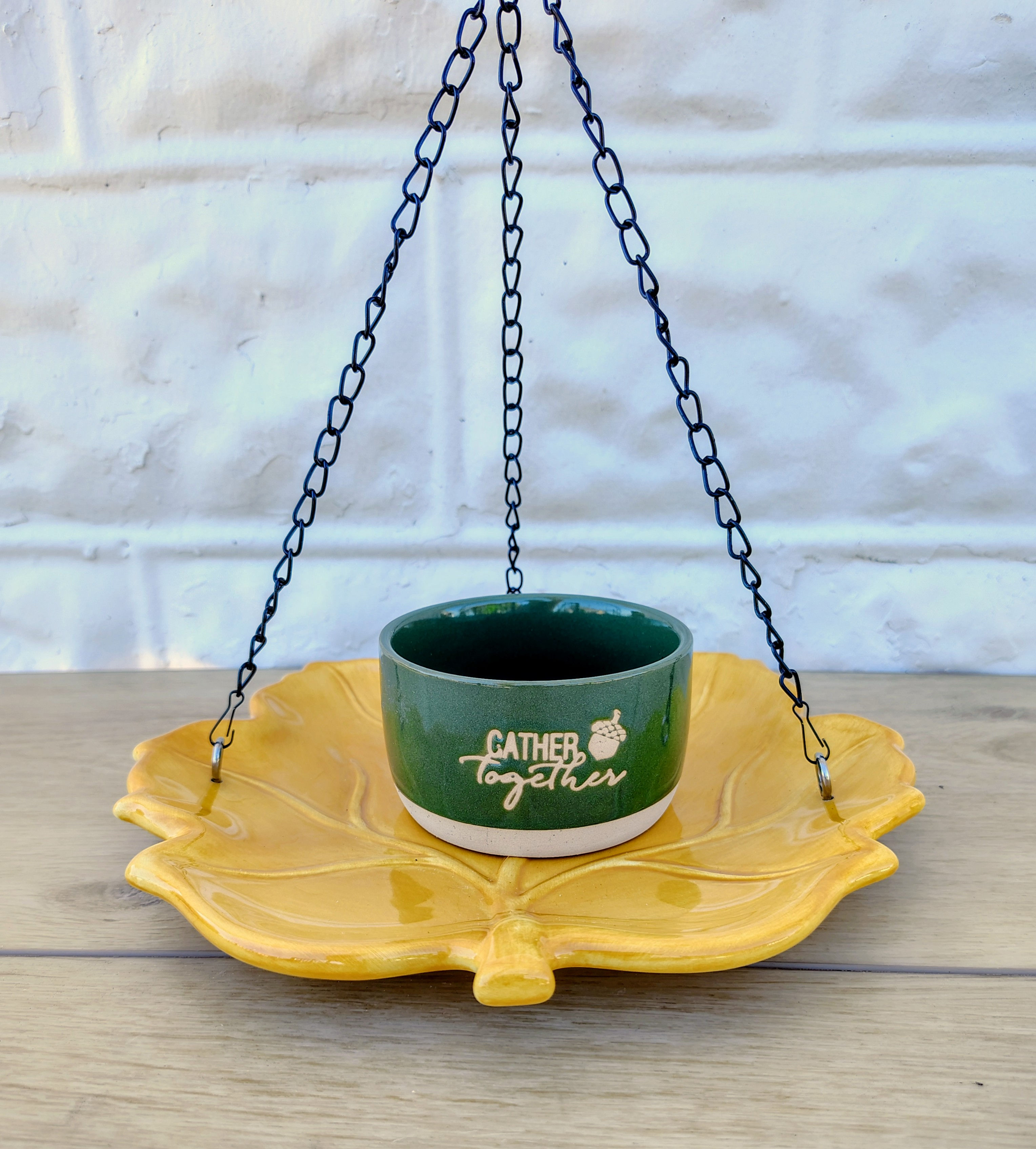 Upcycled Bird Feeder with Yellow Leaf Plate and Green Bowl