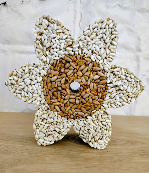 flower made out of birdseed that contains safflower seeds and sunflower chips with hot pepper in front of a white wall
