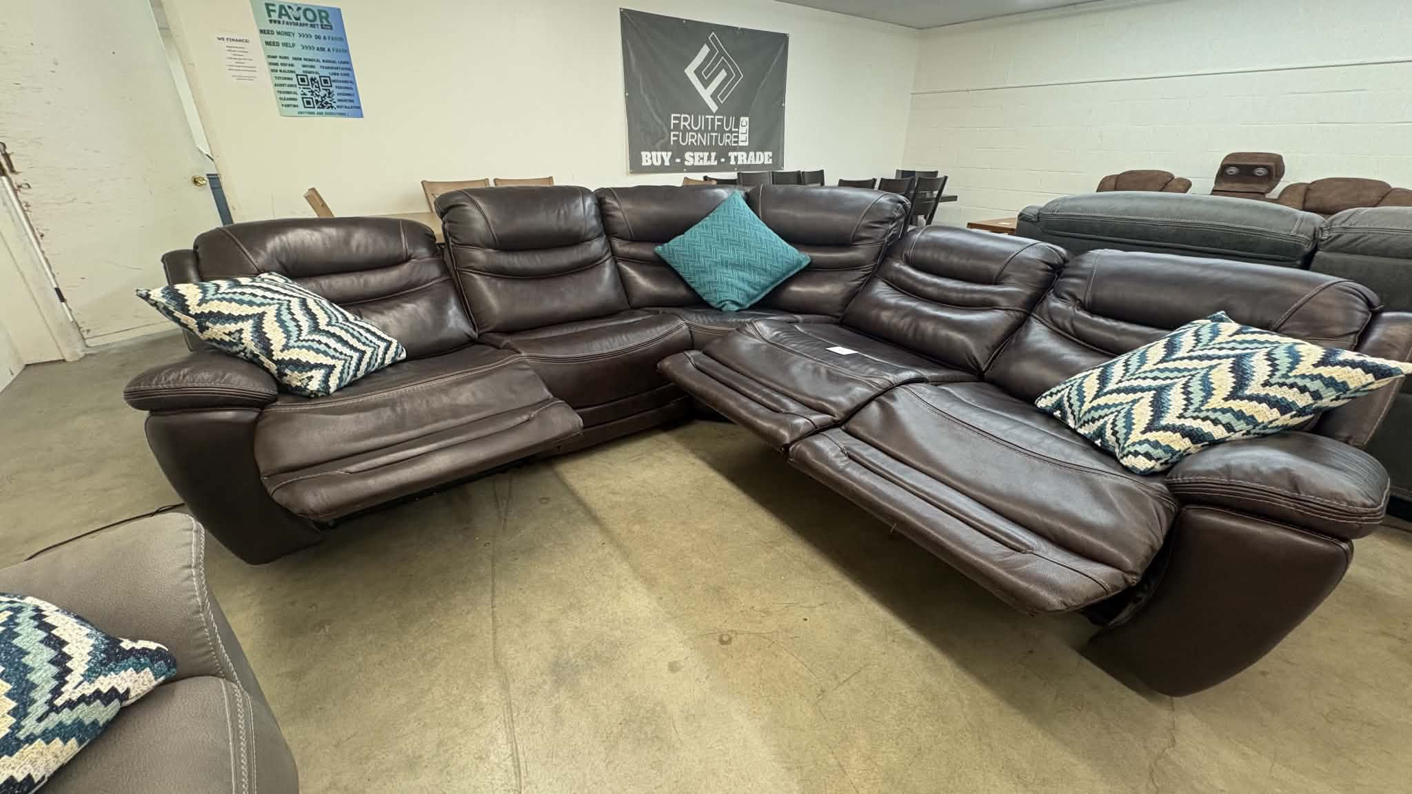 Brown leather electric reclining sectional