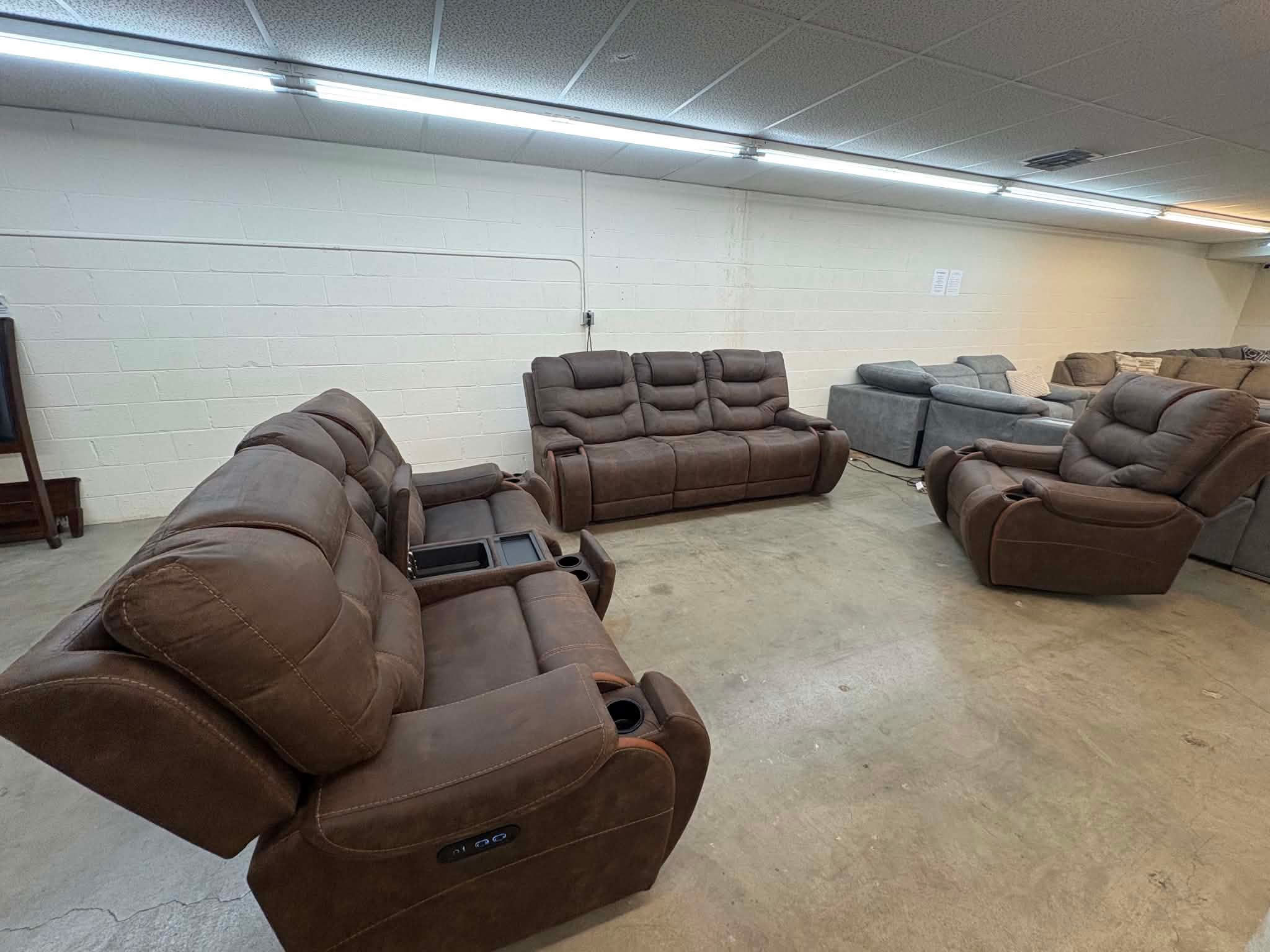 Brown leather couch, loveseat & chair