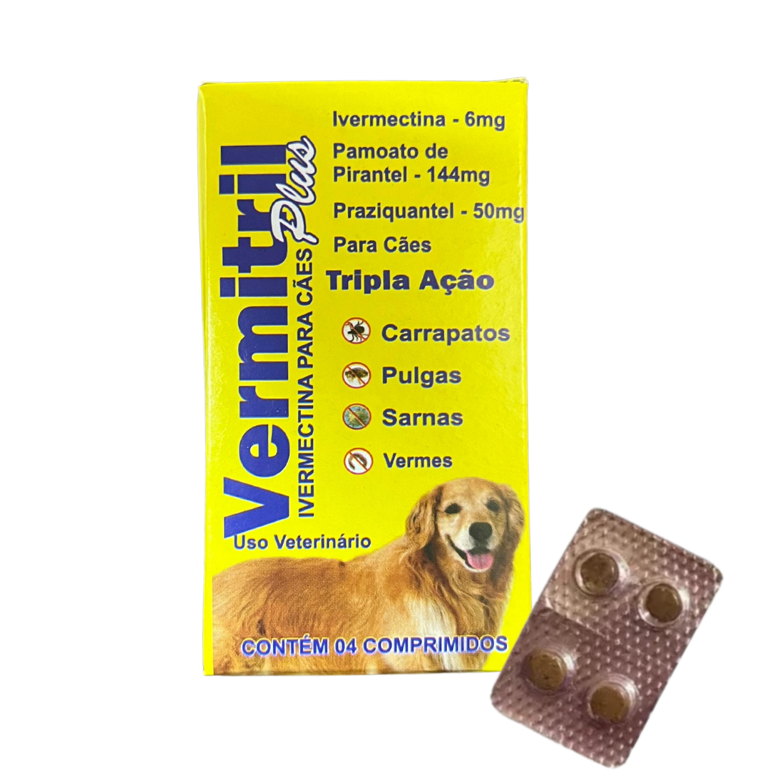 Vermitril Plus 30 kg - Anti Pulgas, Carrapatos, Vermes E Sarnas - 4 comprimidos