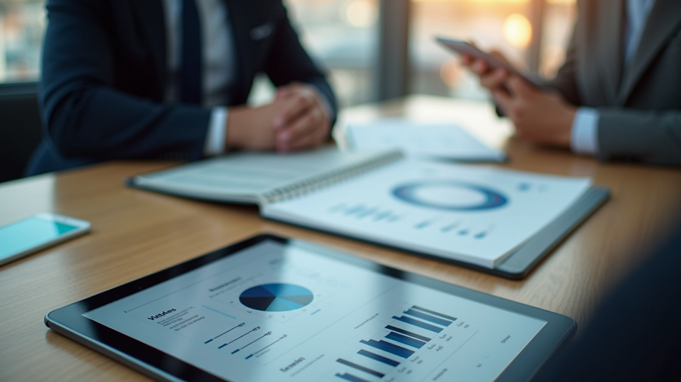 High angle view of a business meeting with charts and automation strategy on a tablet