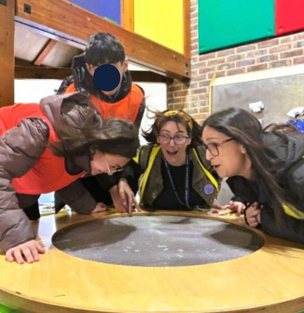 Pupils and staff from Maple class trying our one of the experiments at The Look Out Discover Centrey