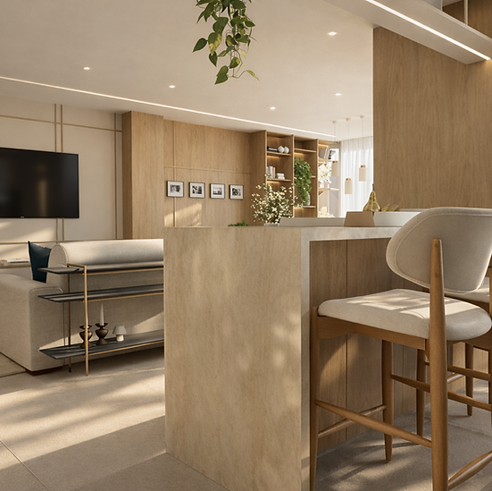 Este projeto foi concebido para traduzir uma forma de morar mais integrada, acolhedora e sofisticada, em que os ambientes sociais se conectam com fluidez e equilíbrio. A proposta valoriza a convivência e o conforto, criando uma atmosfera contemporânea, leve e atemporal, onde cada elemento contribui para uma experiência de uso elegante e funcional.

A base do projeto parte de uma paleta neutra e luminosa, aquecida pela presença marcante da madeira e enriquecida por texturas suaves, tecidos naturais e pontos de contraste cuidadosamente escolhidos. Os detalhes em azul profundo surgem como destaque na composição, trazendo identidade e refinamento sem perder a harmonia do conjunto.

Na área social, a integração entre sala de estar, jantar e cozinha gourmet foi pensada para favorecer o convívio e ampliar a sensação de espaço. A marcenaria desenhada sob medida organiza os ambientes com unidade visual, enquanto os painéis, nichos e estantes iluminadas adicionam ritmo, profundidade e sofisticação. O grande espelho ao fundo contribui para ampliar a percepção do espaço e reforçar a luminosidade natural, potencializando ainda mais a sensação de amplitude.

A cozinha segue a mesma linguagem do restante do projeto, com desenho limpo, elegante e funcional. Os acabamentos claros equilibram a presença da madeira, enquanto a iluminação e a composição dos volumes garantem um resultado contemporâneo e acolhedor. Já a área de jantar se destaca como ponto de encontro, com mesa de desenho orgânico, cadeiras leves e luminárias pendentes que reforçam o cuidado com a estética e com a experiência do ambiente.

Na sala, o mobiliário prioriza conforto e permanência, sem abrir mão da leveza visual. O painel da televisão, as estantes decorativas e os elementos naturais trazem textura, aconchego e personalidade ao espaço. Tudo foi pensado para criar um ambiente que, além de bonito, seja agradável de viver, receber e compartilhar.

O resultado é um projeto elegante e muito bem resolvido, que equilibra funcionalidade, acolhimento e sofisticação em uma linguagem contemporânea e atemporal. Um espaço pensado para o dia a dia, mas com presença estética marcante e sensível em cada detalhe.