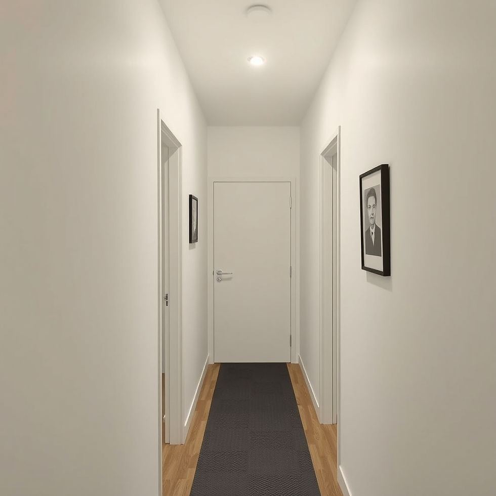 Un hol modern cu o oglindă mare iluminată, o bancă verde și un perete decorativ teal cu inscripția "OGLINZISI Lumina".