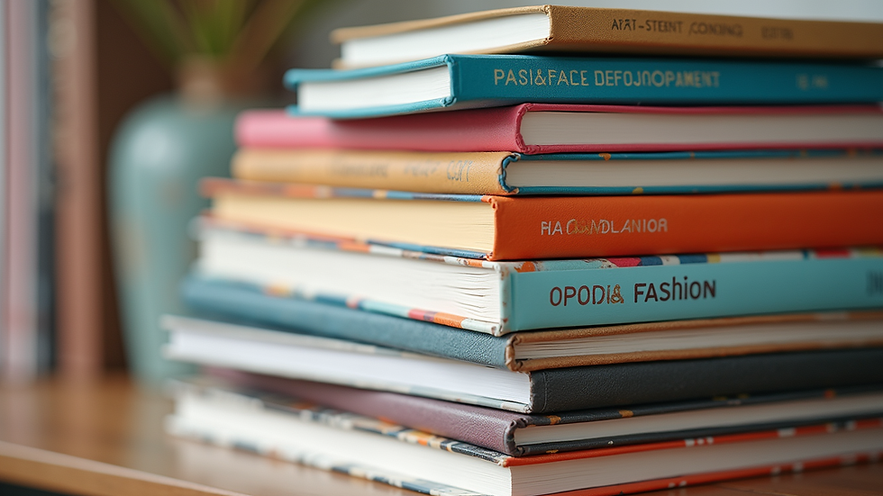 Close-up view of a stack of fashion books with colorful covers