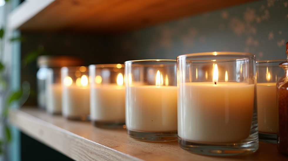 Eye-level view of a shelf displaying various eco-friendly soy candles in glass jars