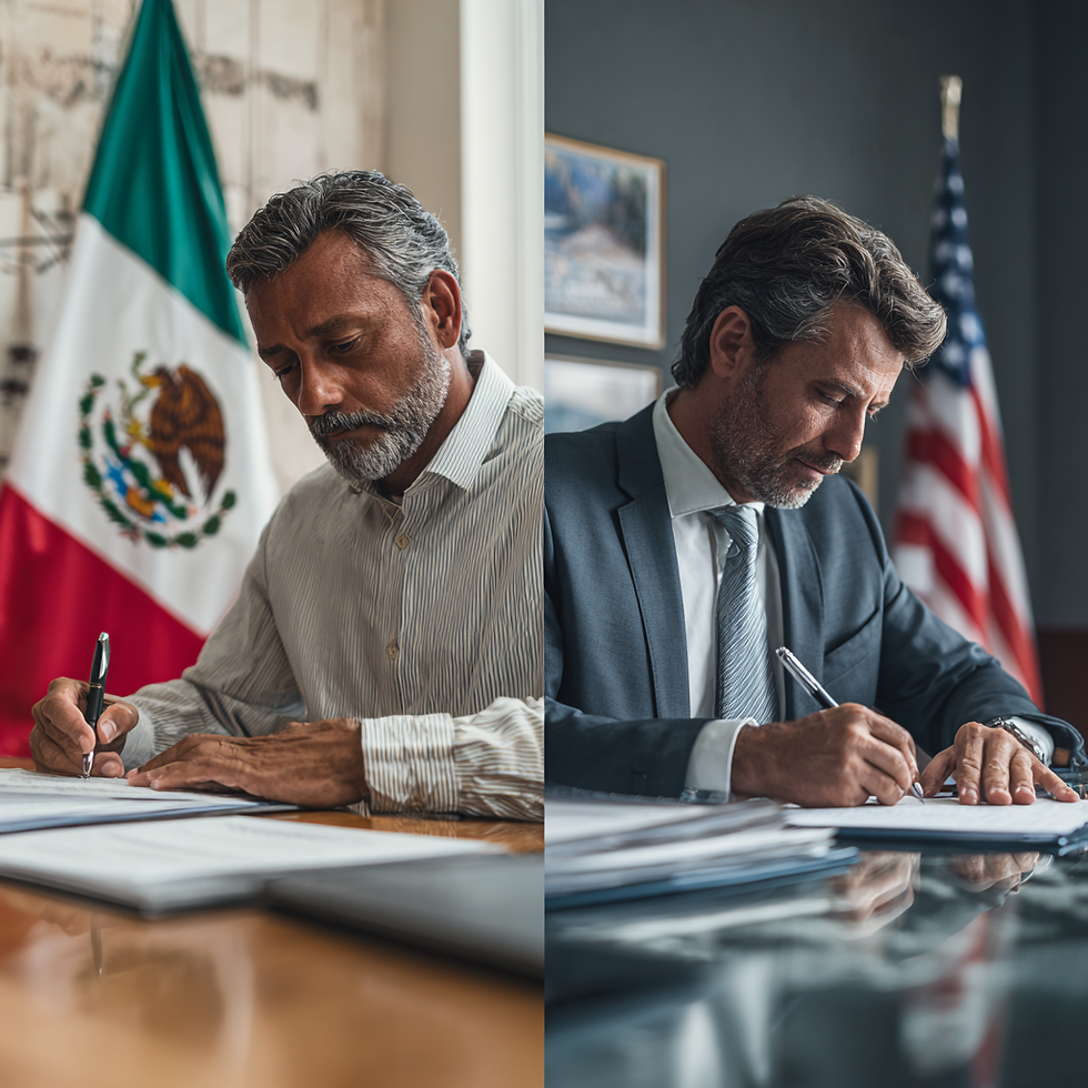 Comparativa visual entre una fianza mexicana y un performance bond estadounidense, mostrando a dos contratistas firmando documentos legales en sus respectivos países, representando respaldo y cumplimiento en proyectos de obra pública.