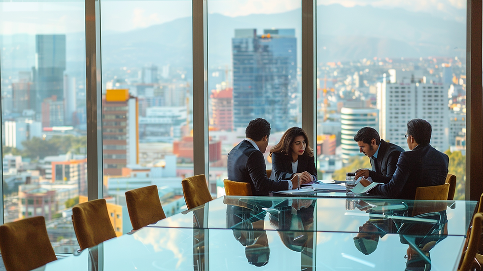 Ejecutivos internacionales en oficina moderna en México revisando documentos en español sobre mesa de cristal, con vista panorámica, representando emisión de fianzas internacionales.