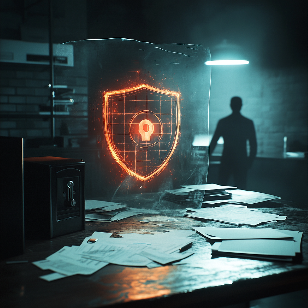 Ilustración conceptual de una oficina con documentos sobre un escritorio y una caja fuerte, protegidos por un escudo digital brillante. Representa la seguridad financiera y la prevención de fraudes internos mediante una fianza de fidelidad.