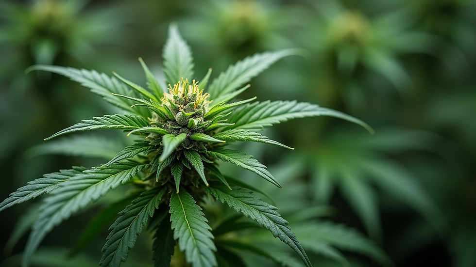 Close-up view of a cannabis flower with vibrant green leaves