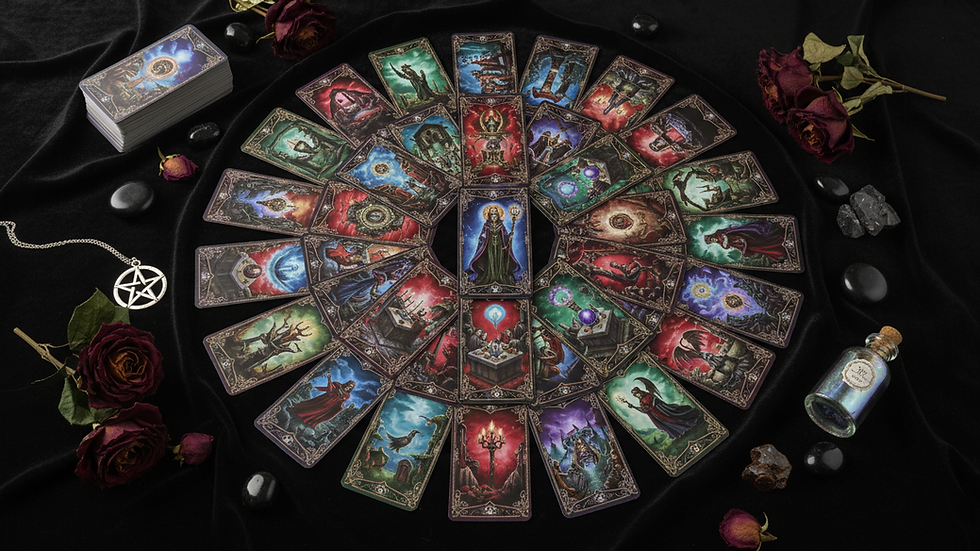 High angle view of a tarot deck spread on a velvet cloth