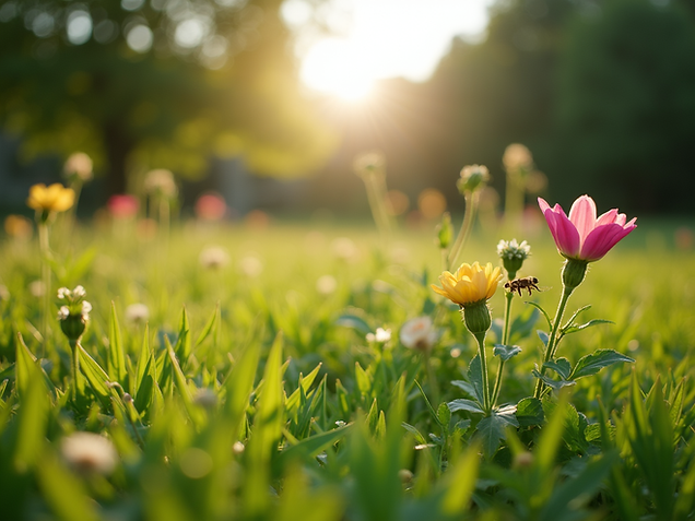Ein gepflegter, grüner Garten mit Blumenbeeten und Rasenfläche im Sonnenlicht, Symbol für