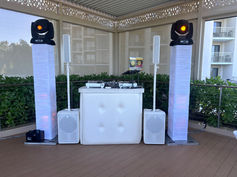 DJ booth, speakers, sound for events, decorative lights, truss