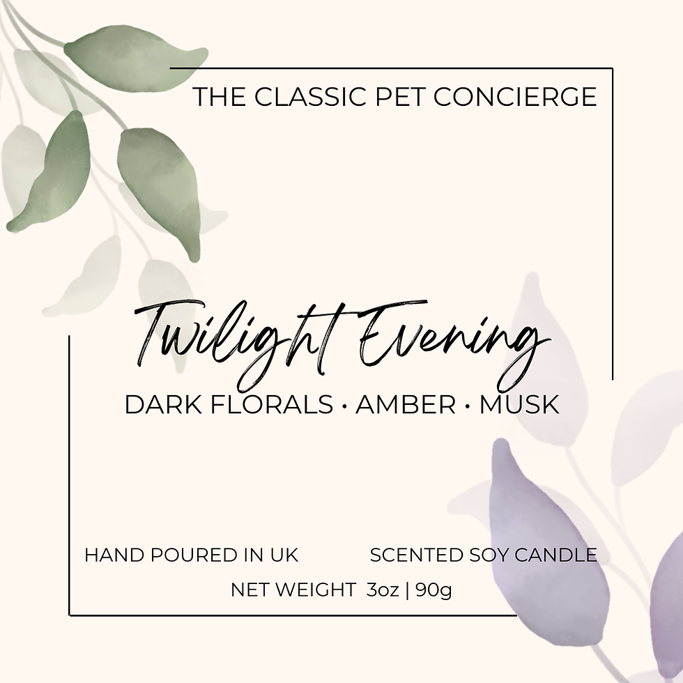 Thumbnail: A Twilight Evening Soy Candle label. Background is beige coloured, with green coloured and purple coloured leaves.