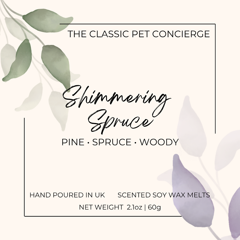 Thumbnail: A Shimmering Spruce Soy Oval Wax Melt label. Background is beige coloured, with green coloured and purple coloured leaves.