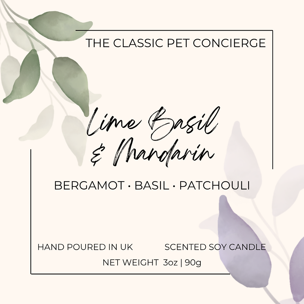 A Lime Basil & Mandarin Soy Candle label. Background is beige coloured, with green coloured and purple coloured leaves.