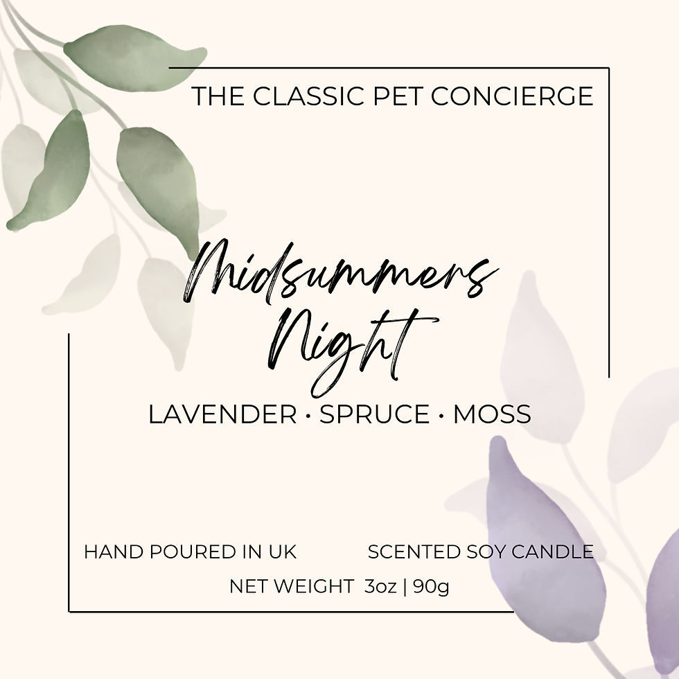 Thumbnail: A Midsummers Night Soy Candle label. Background is beige coloured, with green coloured and purple coloured leaves.