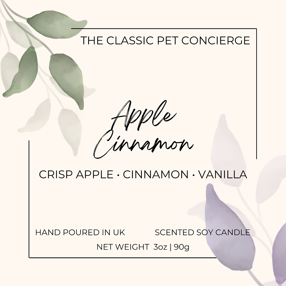 A Apple Cinnamon Soy Candle label. Background is beige coloured, with green coloured and purple coloured leaves.