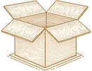 A gold coloured vector illustration of an opened cardboard box.