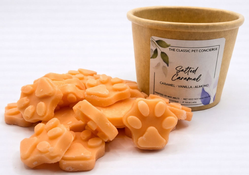 A photograph of paw print soy wax melts scattered, with a paper tub.