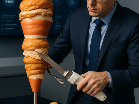 A professional sales leader in a navy suit uses an electric carving knife to trim excess layers from a stylized, vertical sales pipeline that resembles a meat kebab.
