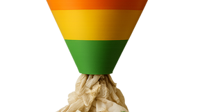 a sales funnel with colorful sections (red, orange, yellow, green) positioned vertically above a pile of trash. 