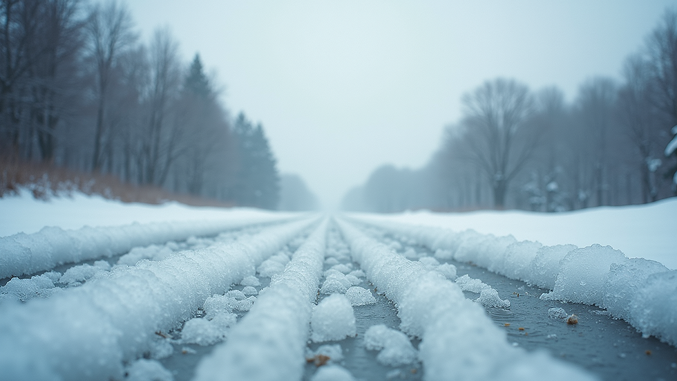 Eye-level view of a serene winter landscape with ice and trees