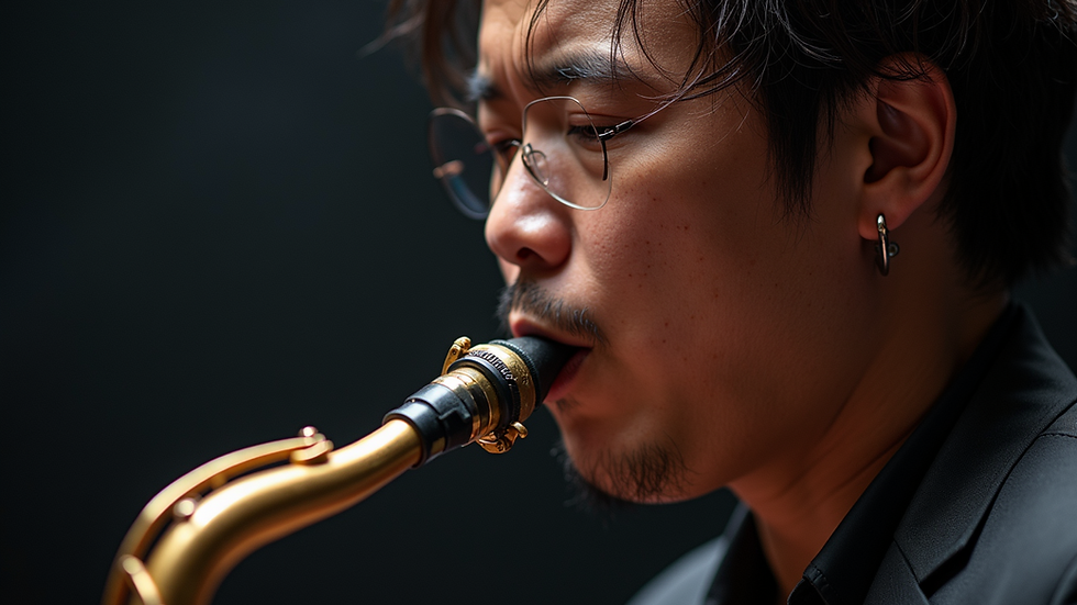 Close-up view of Xile Wang playing the saxophone on stage