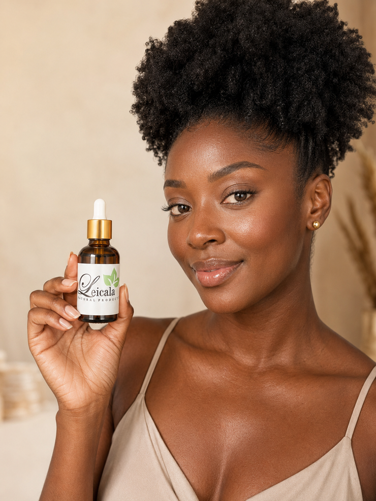 Minimalist studio shot of an organic face serum dropper bottle resting on a natural stone base.