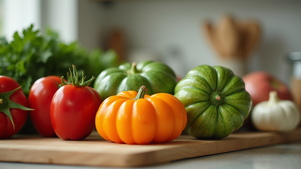 Close-up view of fresh fruits and vegetables on a kitchen counter