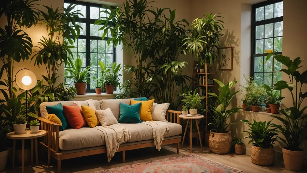 A cozy reading nook with vibrant plants and soft lighting