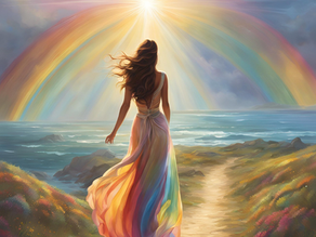 A woman walking through her shadow work towards a rainbow, water, and healing light - anchoring the return of joy through intuitive energy work, trauma-informed practices, yoga, breathwork, dance, and meditation. A soul-affirming image for those healing inner child wounds and reclaiming their light.
