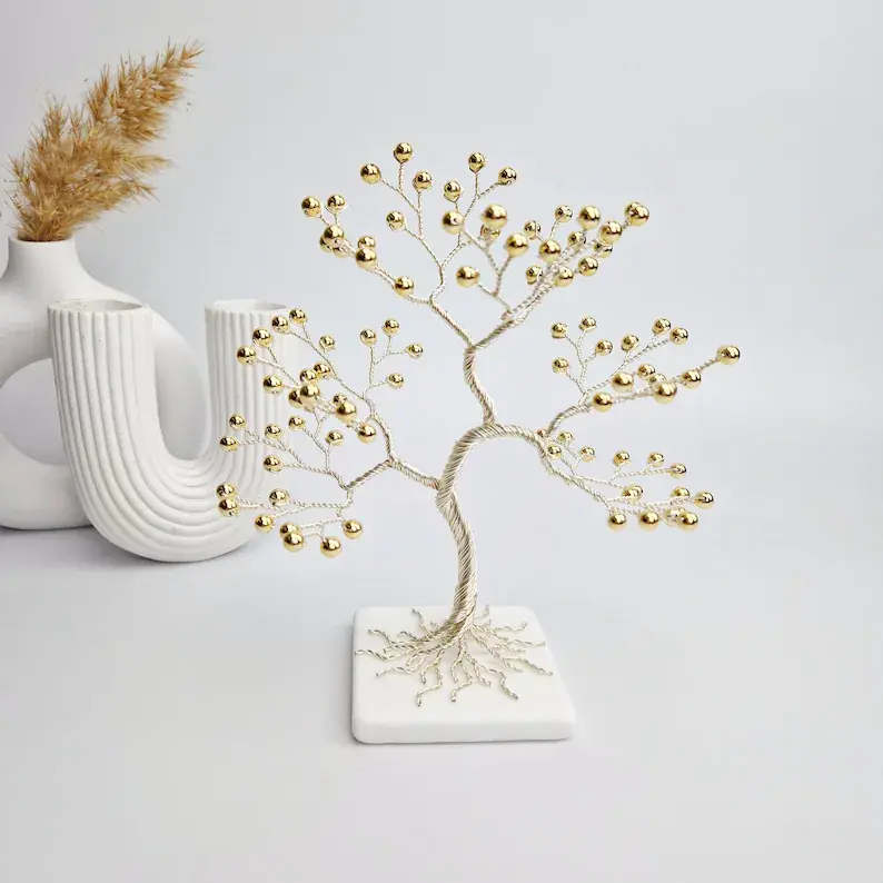 Wire Tree of Life Sculpture – Gold Anniversary Gift with White Marble Base