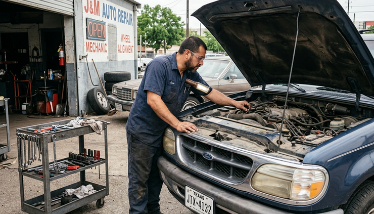 Eye-level view of a mechanic checking the engine of a used SUV outdoors.