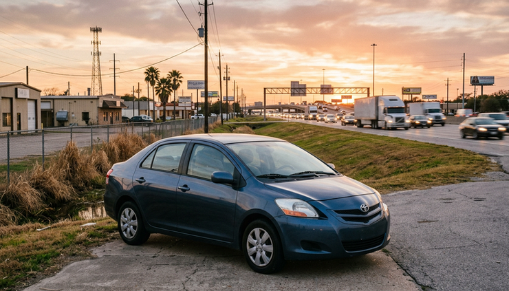 Low-angle view of a compact car parked near a Houston highway frontage road.