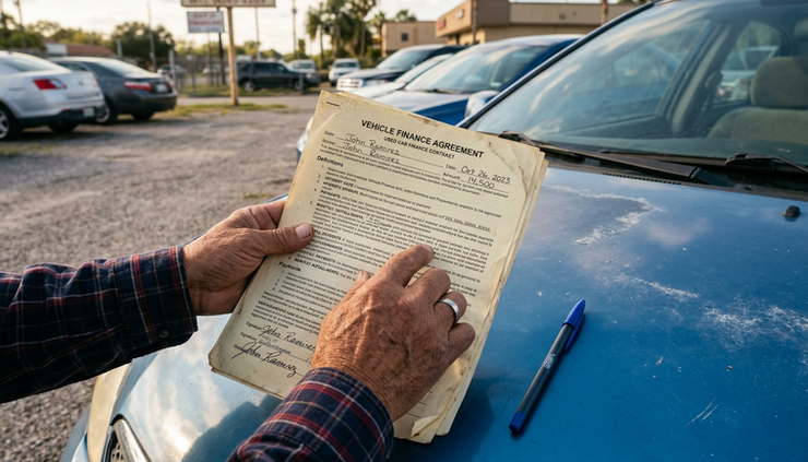 Close-up view of a buyer reviewing a car finance contract on the hood of a vehicle.