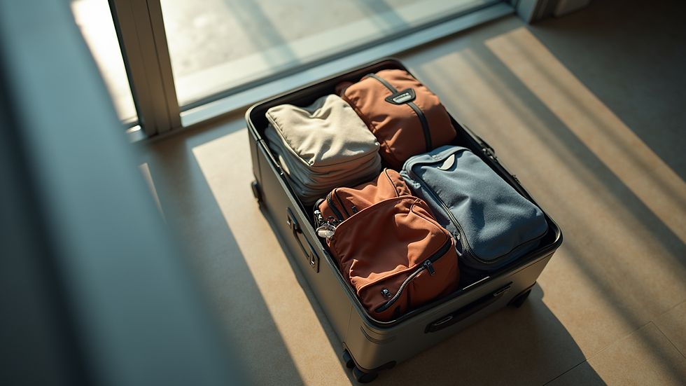 High angle view of a traveler’s suitcase packed and ready for departure