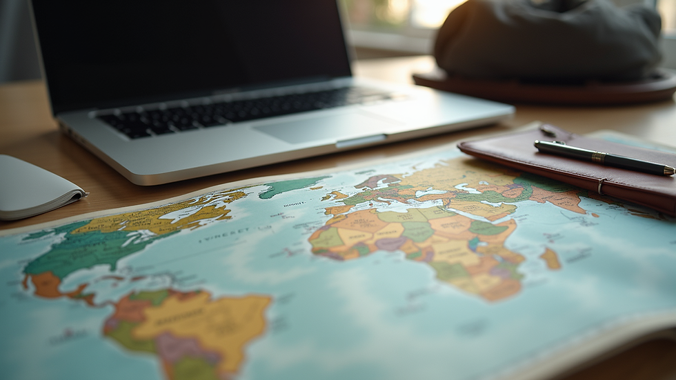 Eye-level view of a traveler’s organized desk with a laptop, map, and travel accessories