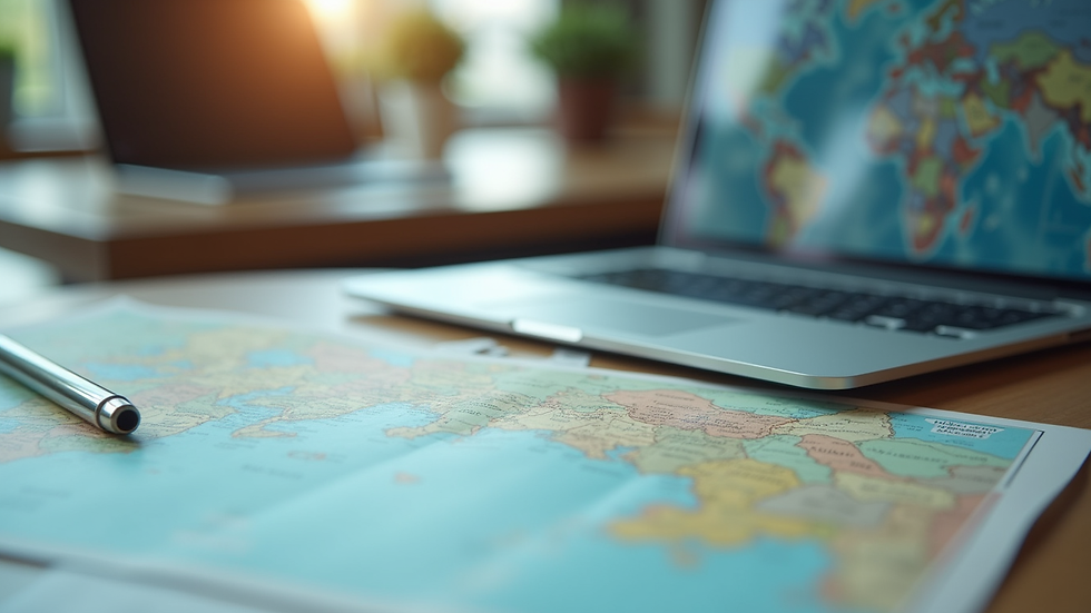 Close-up view of a travel agent’s desk with maps and a laptop