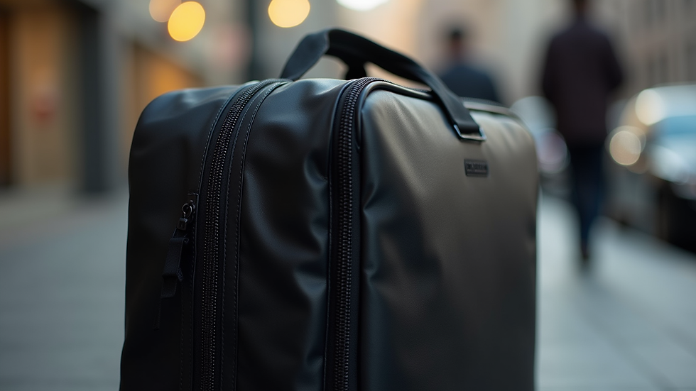 Close-up view of a sleek, black Wander Travel Bag with multiple compartments