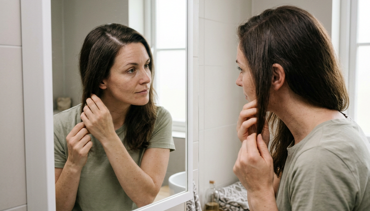 Eye-level view of a woman examining scalp thinning in a softly lit bathroom mirror.