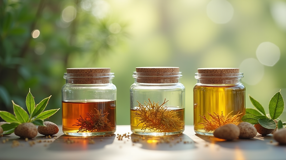 Eye-level view of natural plant extracts in glass containers