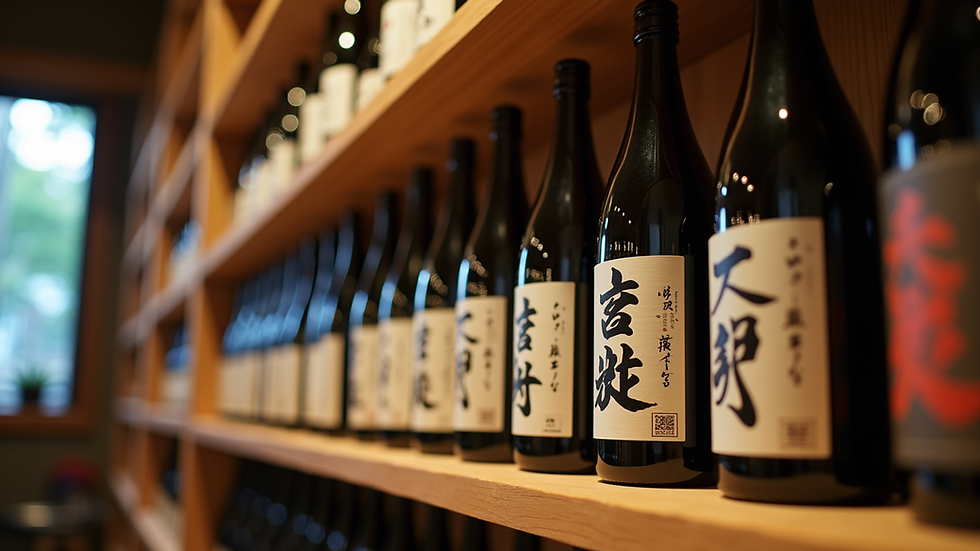 Eye-level view of sake bottles arranged neatly on wooden shelves