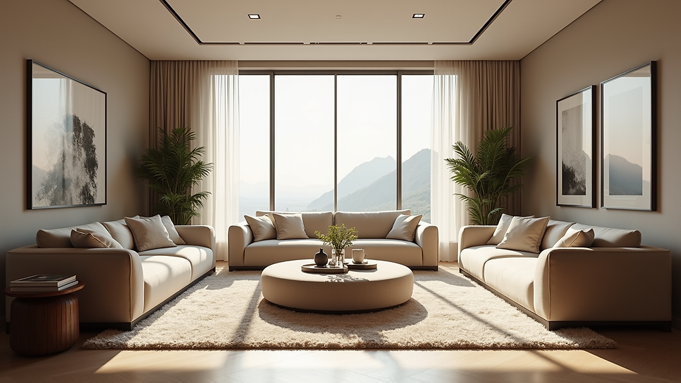 Eye-level view of a luxurious living room with natural light and elegant decor