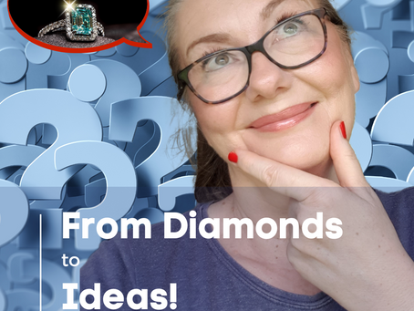 Me, looking quizzical with a background of blue question marks, with a thought bubble containing a blue diamond ring