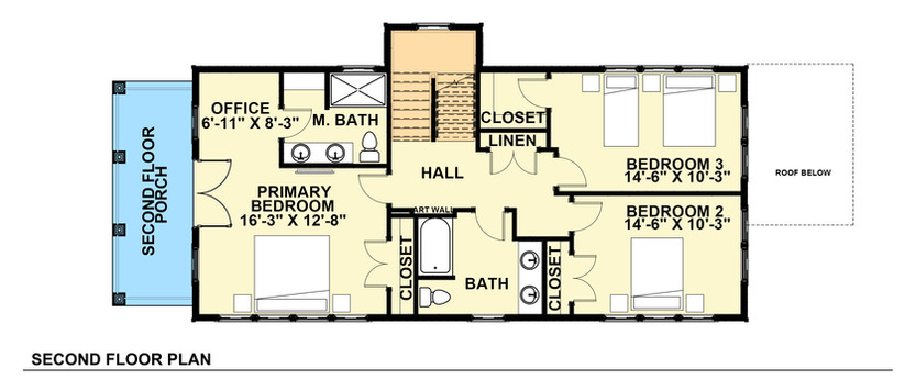 Second floor plan with primary bedroom, two additional bedrooms, office, bathrooms, closets, and porch.